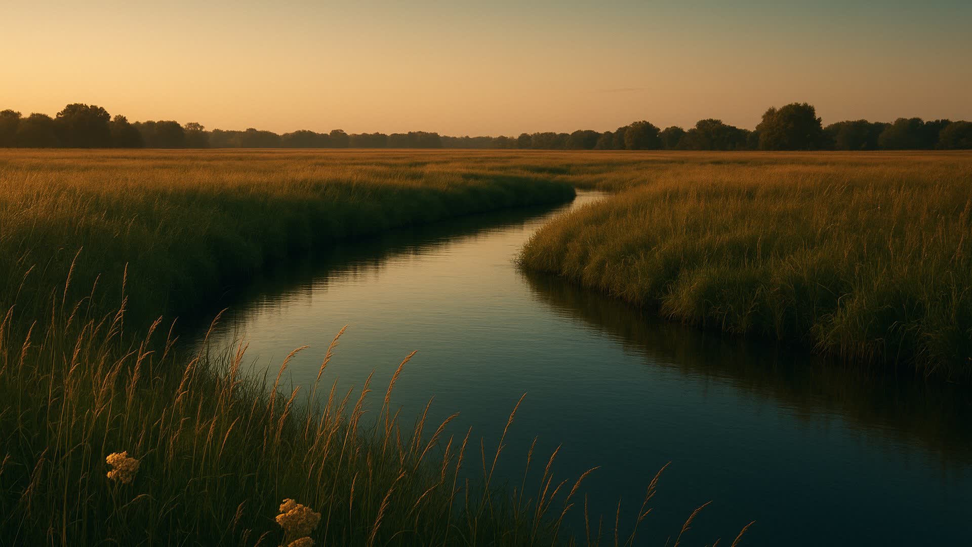 A calm golden-hour meadow with a gentle stream